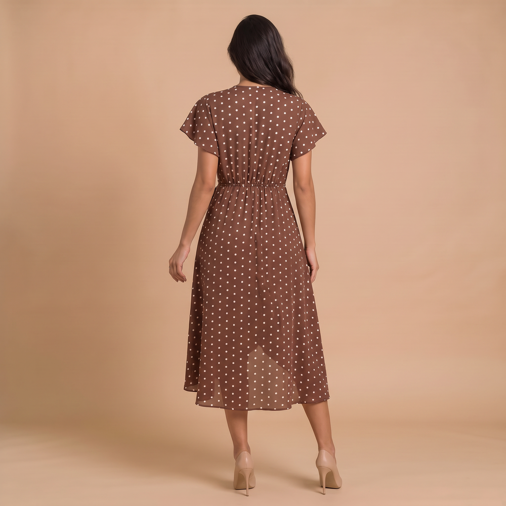 Women's Polka Dot Wrap V-Neck Midi Dress