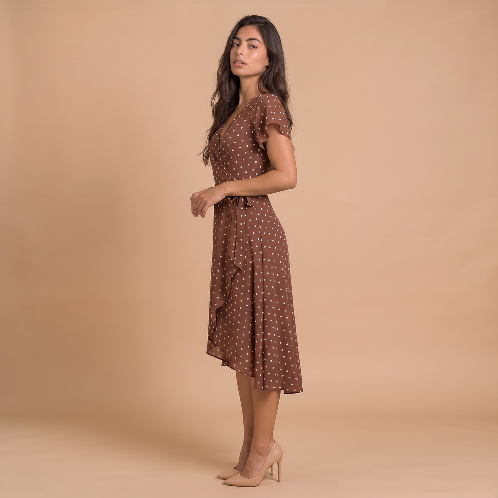 Women's Polka Dot Wrap V-Neck Midi Dress