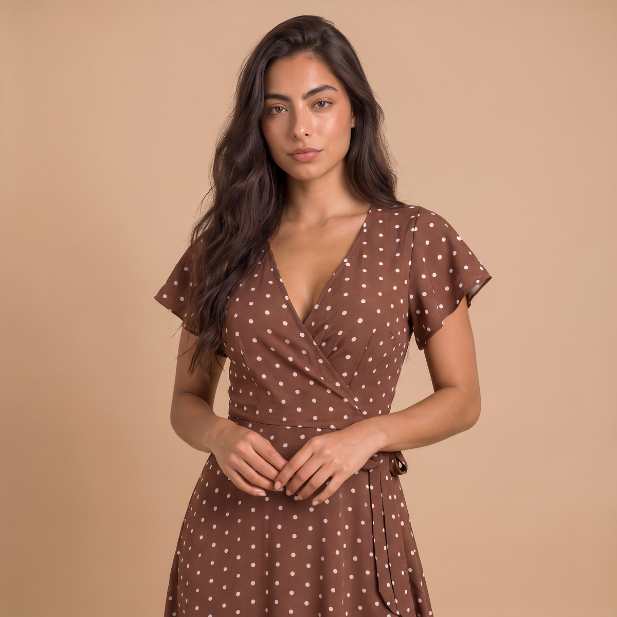 Women's Polka Dot Wrap V-Neck Midi Dress