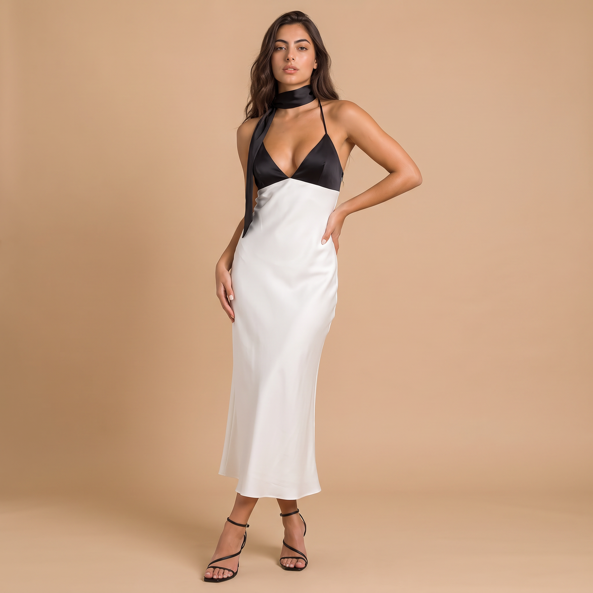 Women's Contrast Halter Satin-Style Midi Dress