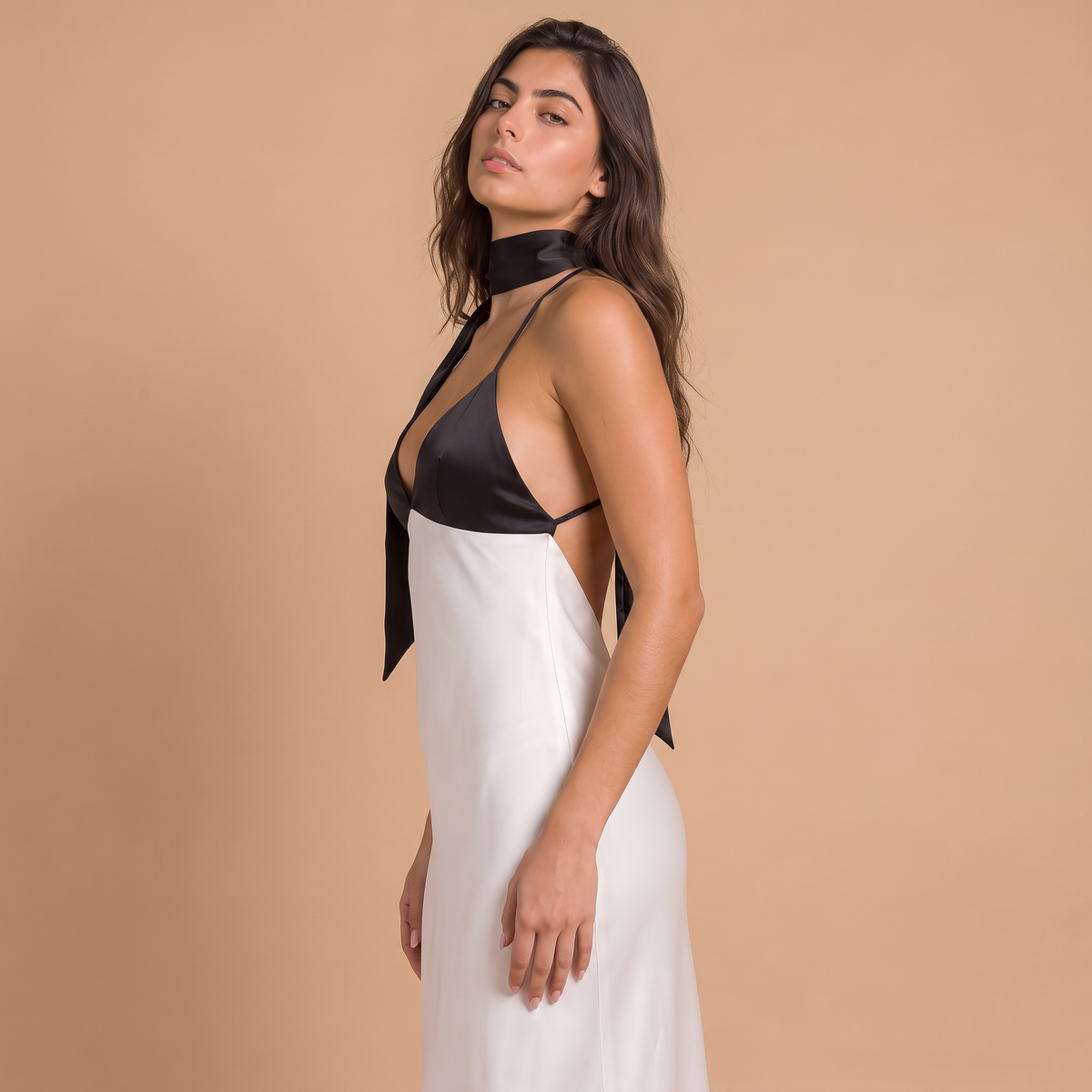 Women's Contrast Halter Satin-Style Midi Dress