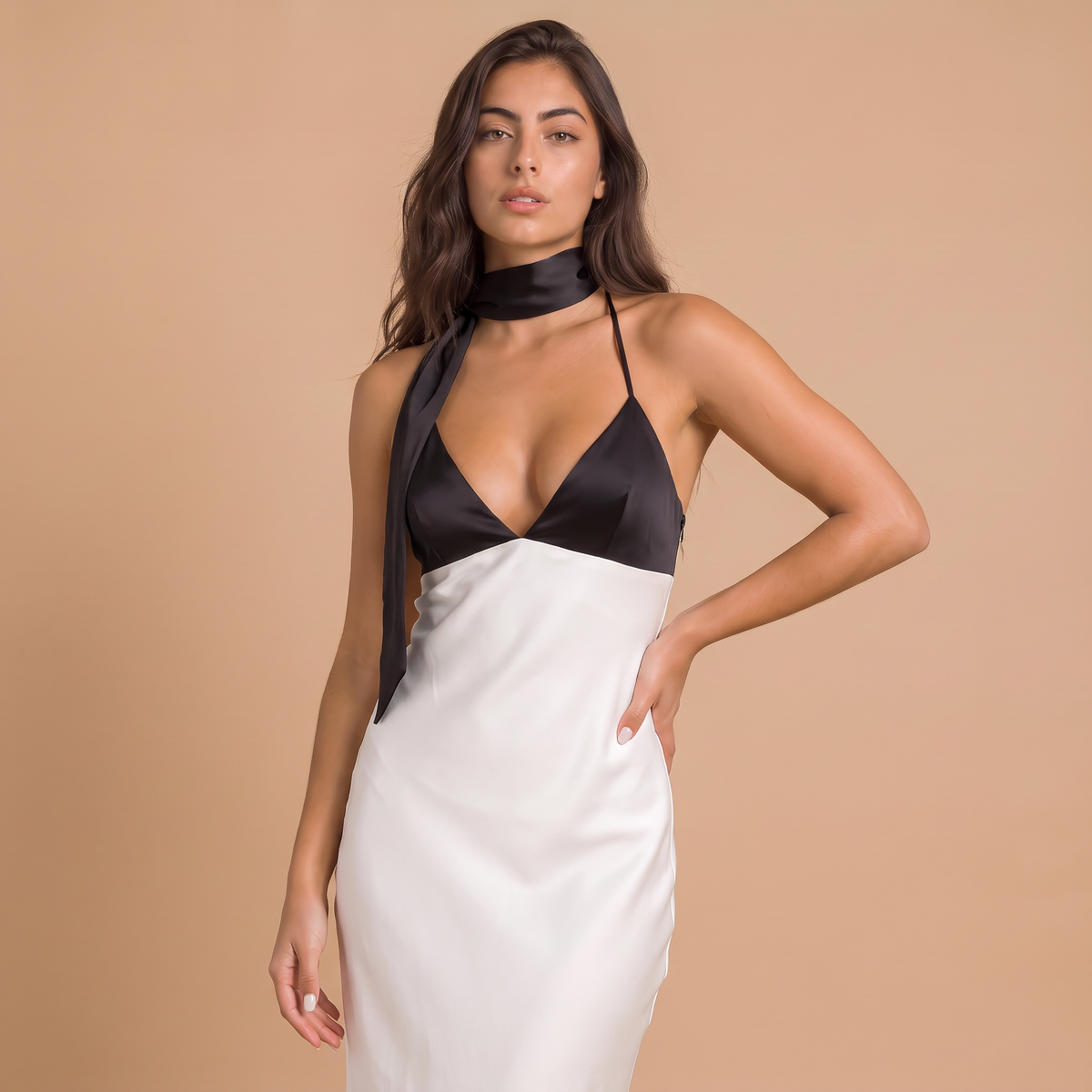 Women's Contrast Halter Satin-Style Midi Dress
