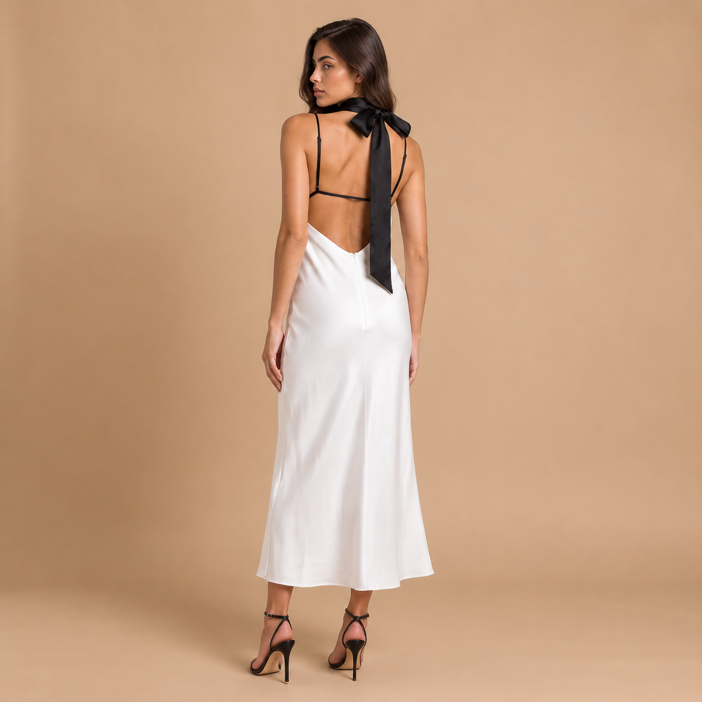 Women's Contrast Halter Satin-Style Midi Dress