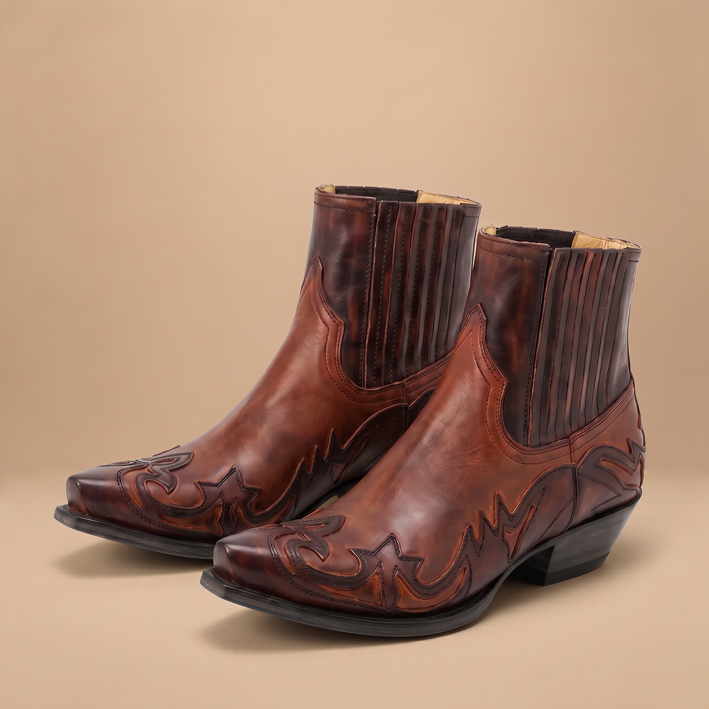 Men's Square Toe Floral-Embossed Western Ankle Boots