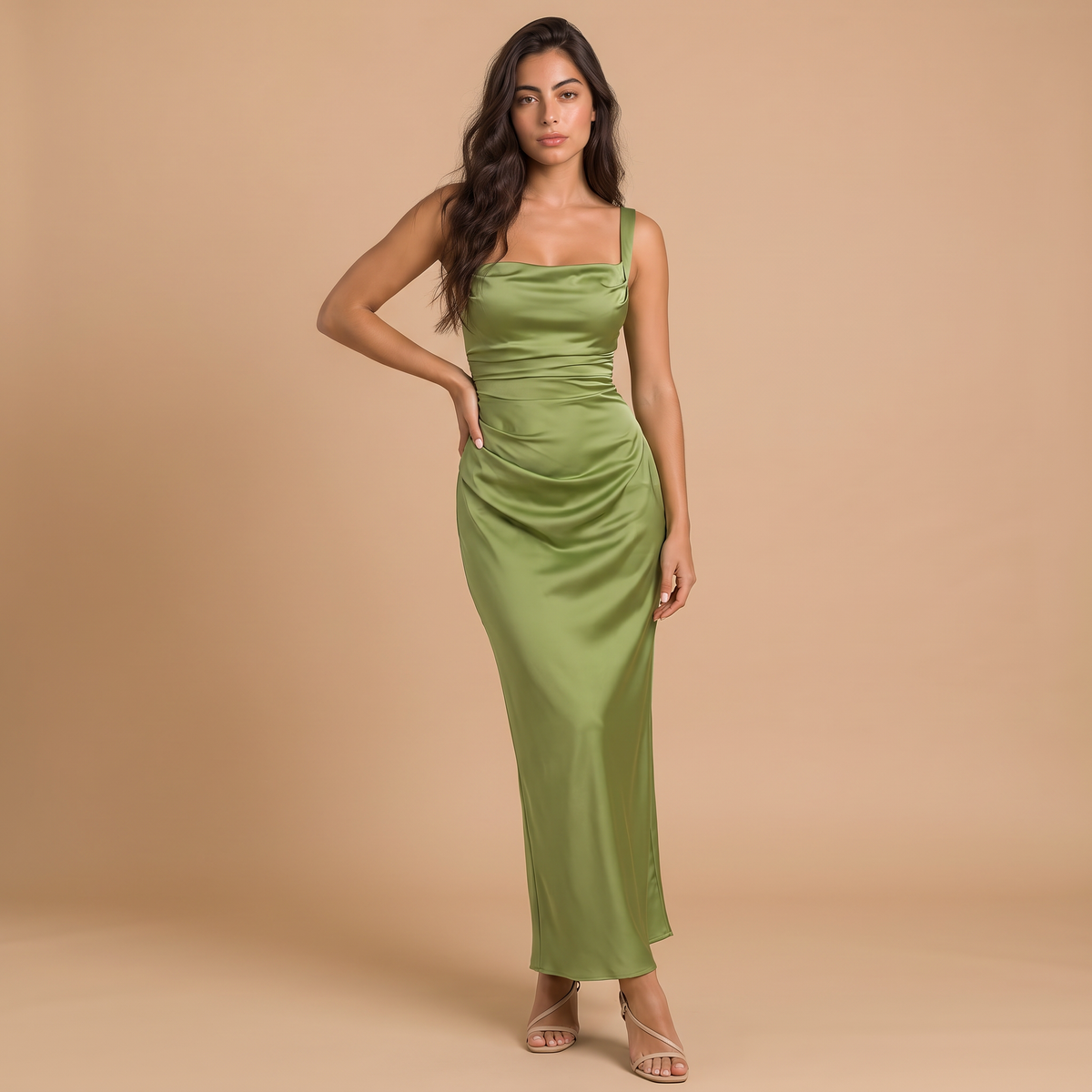 Women's Ruched Satin-Look Maxi Dress