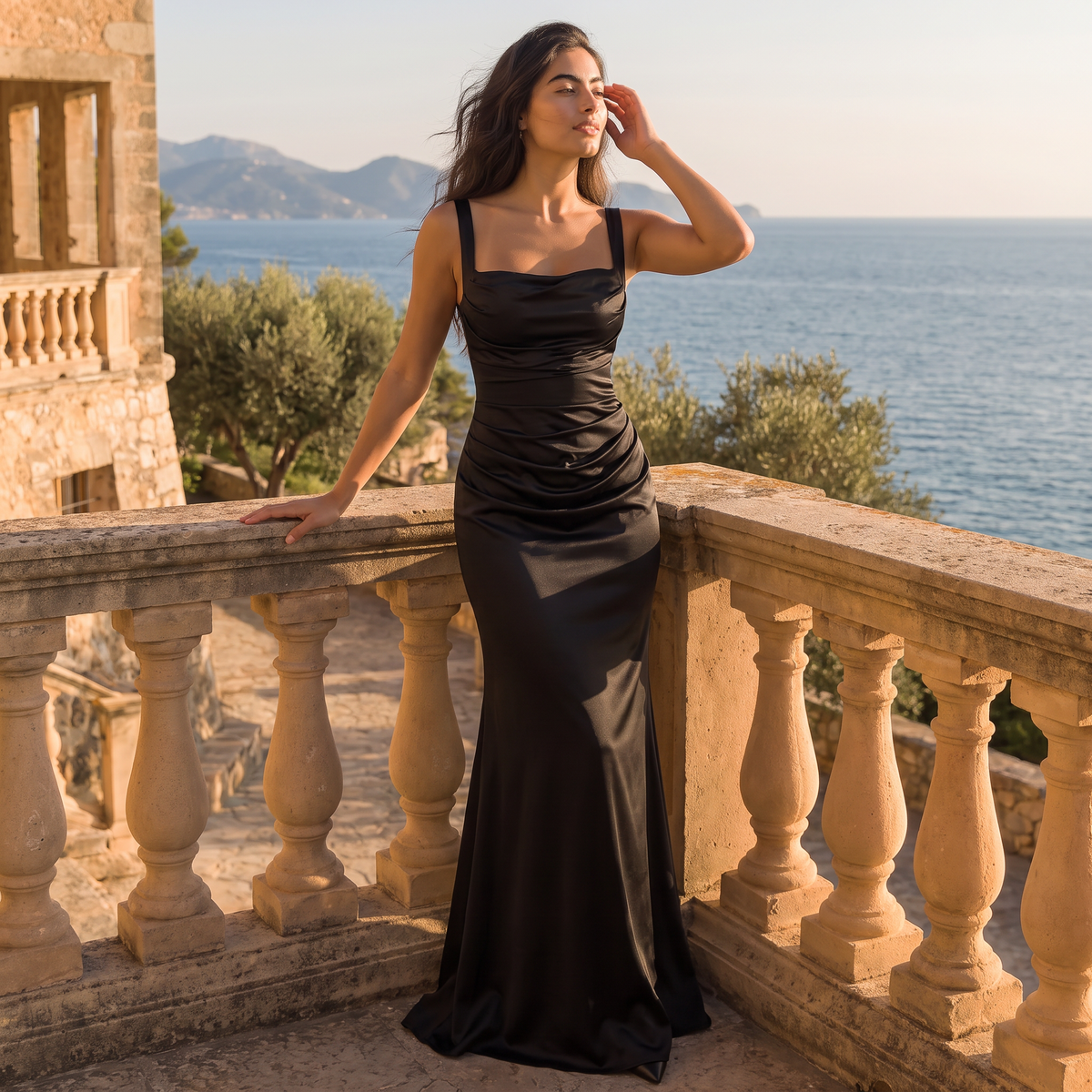 Women's Ruched Satin-Look Maxi Dress