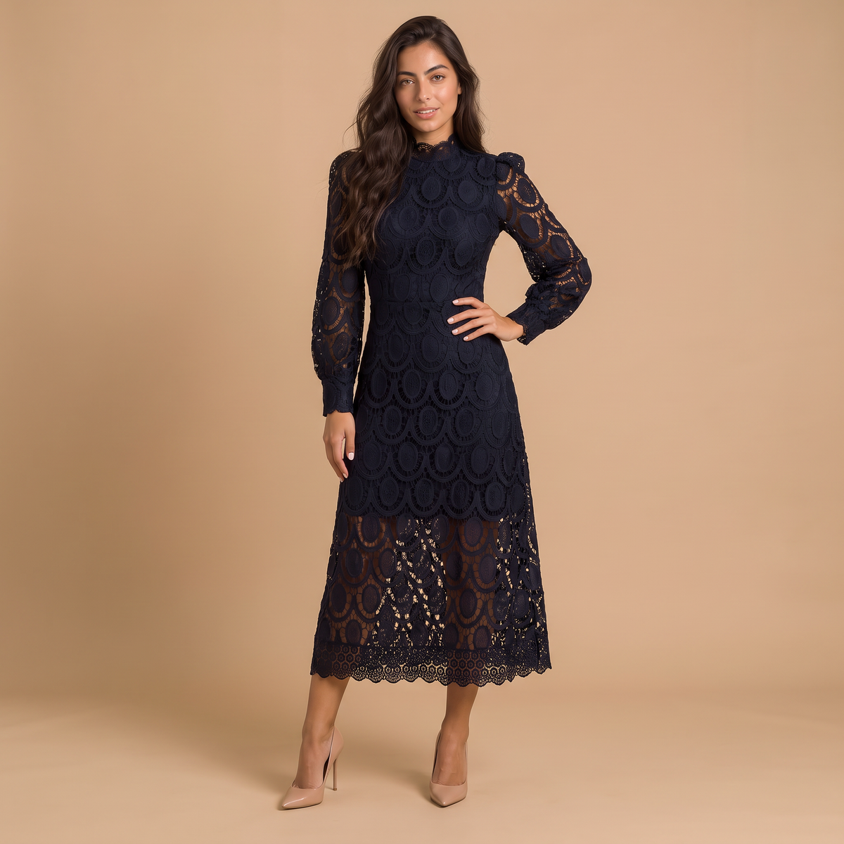 Women's High-Neck Lace Puff Sleeves Midi Dress