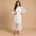 Women's High-Neck Lace Puff Sleeves Midi Dress