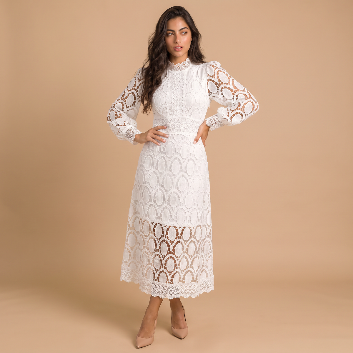 Women's High-Neck Lace Puff Sleeves Midi Dress