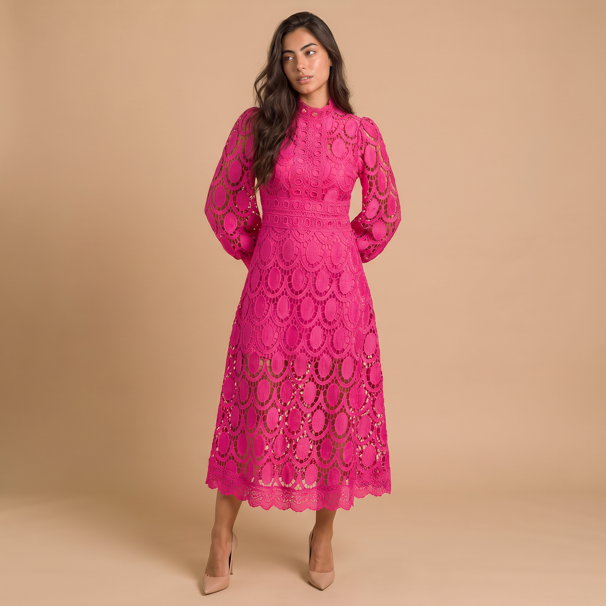 Women's High-Neck Lace Puff Sleeves Midi Dress