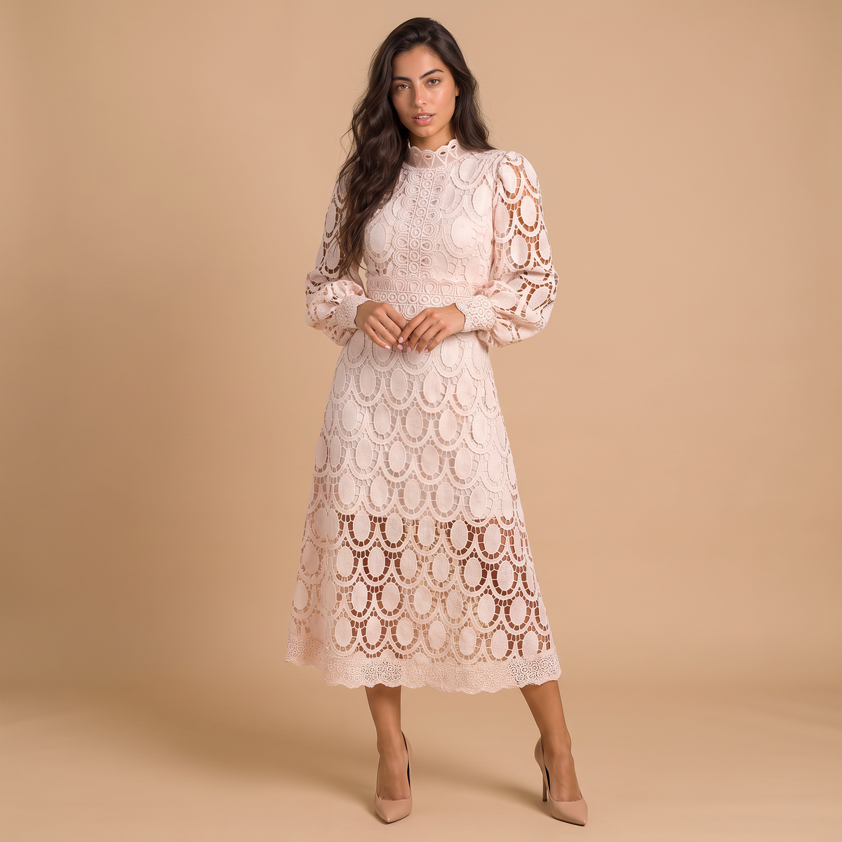 Women's High-Neck Lace Puff Sleeves Midi Dress