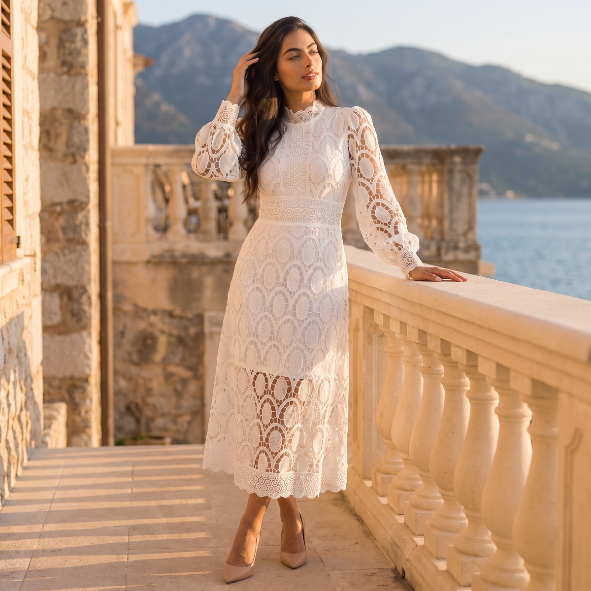 Women's High-Neck Lace Puff Sleeves Midi Dress
