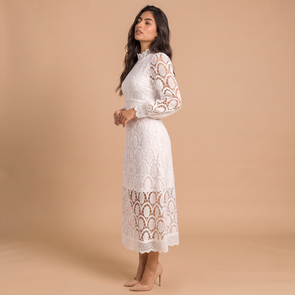 Women's High-Neck Lace Puff Sleeves Midi Dress