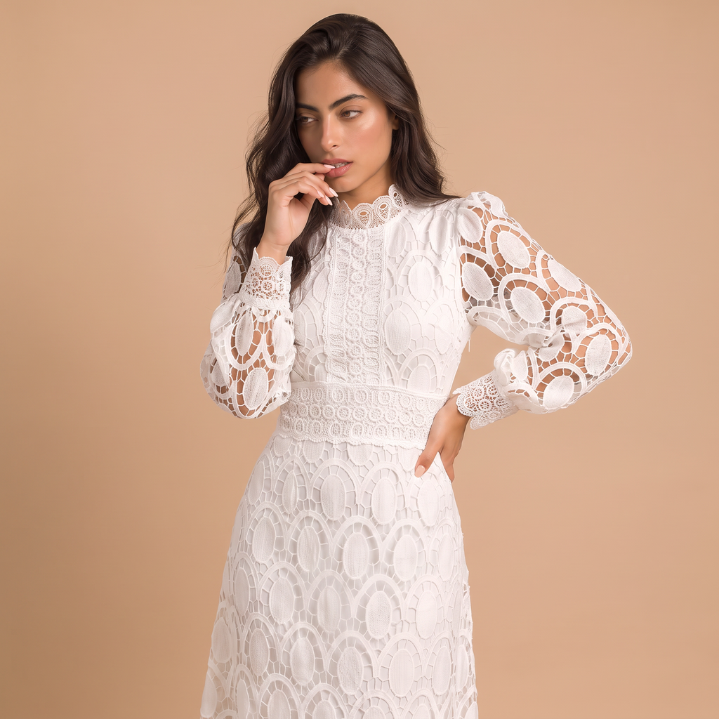 Women's High-Neck Lace Puff Sleeves Midi Dress
