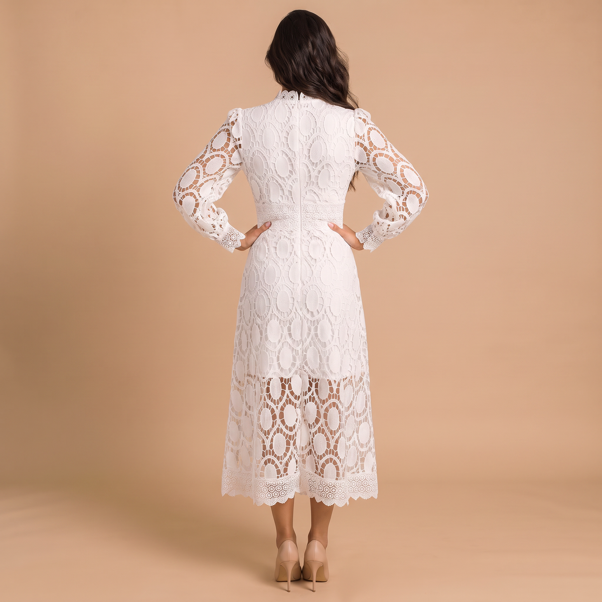 Women's High-Neck Lace Puff Sleeves Midi Dress