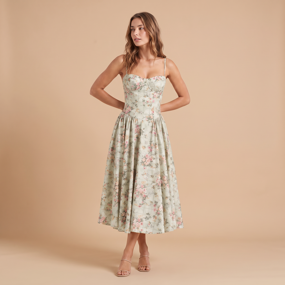 Women's Floral Wedding Guest Corset-Style Midi Dress