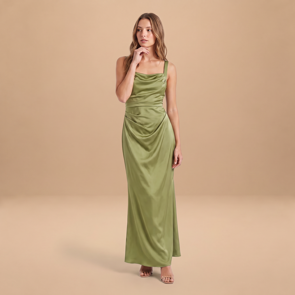 Women’s Satin Feel Ruched Waist Maxi Dress – Sculpted Fit