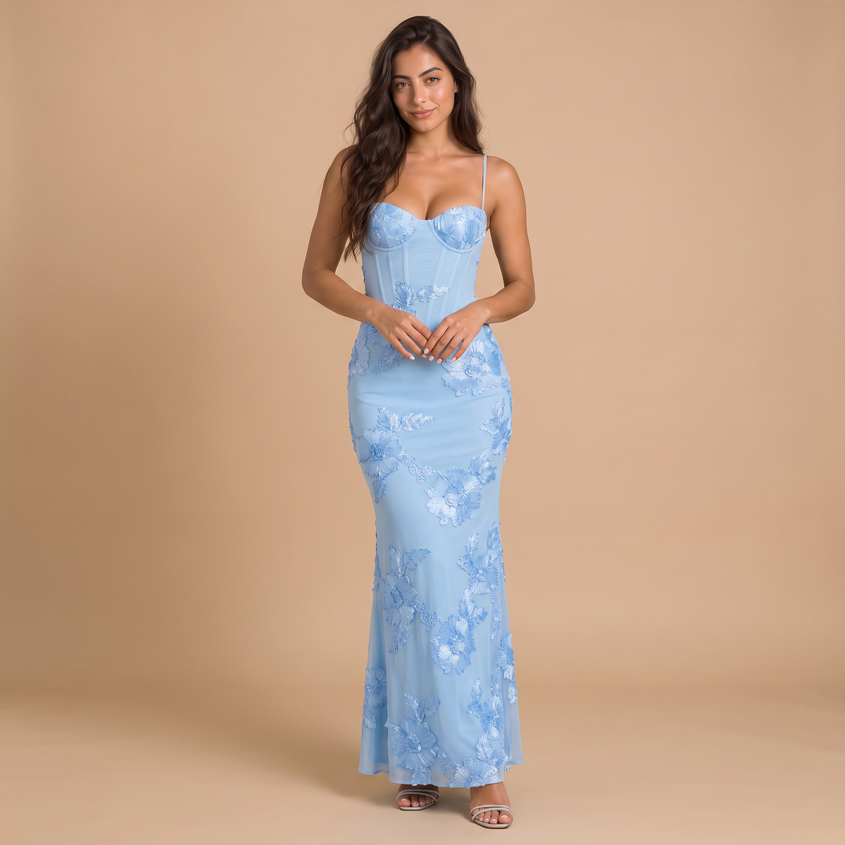 Women's Embroidered Floral Lace-Up Maxi Dress