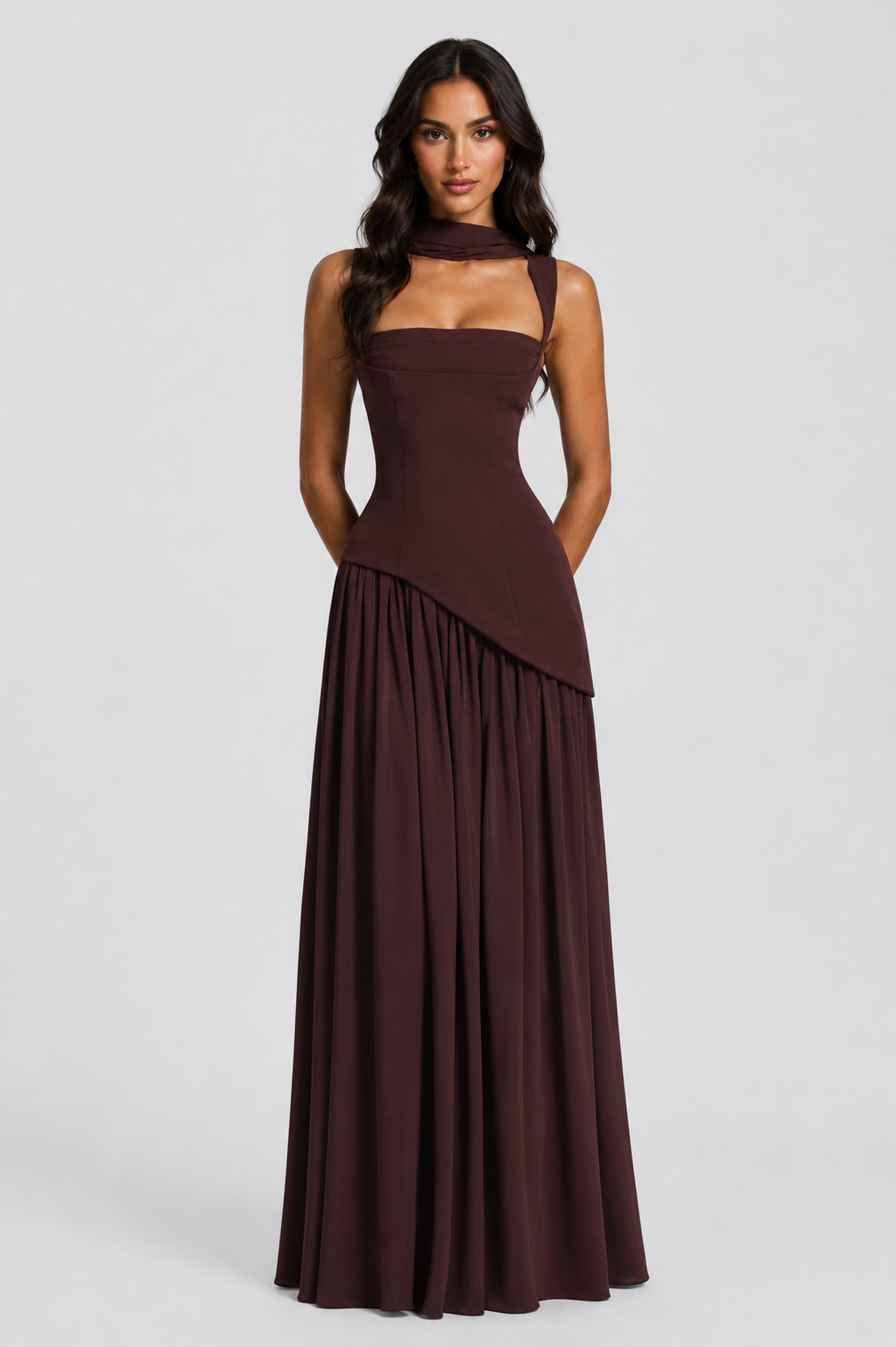Women’s Draped Satin Feel Maxi Dress – Sculpted Elegant Silhouette