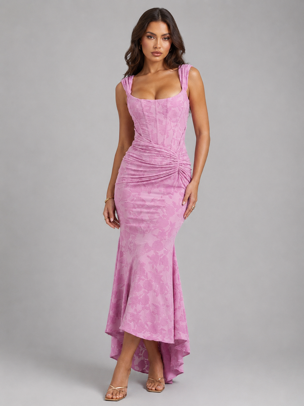 Women’s Floral Corset Maxi Dress with Asymmetrical Hem – Sculpted Silhouette