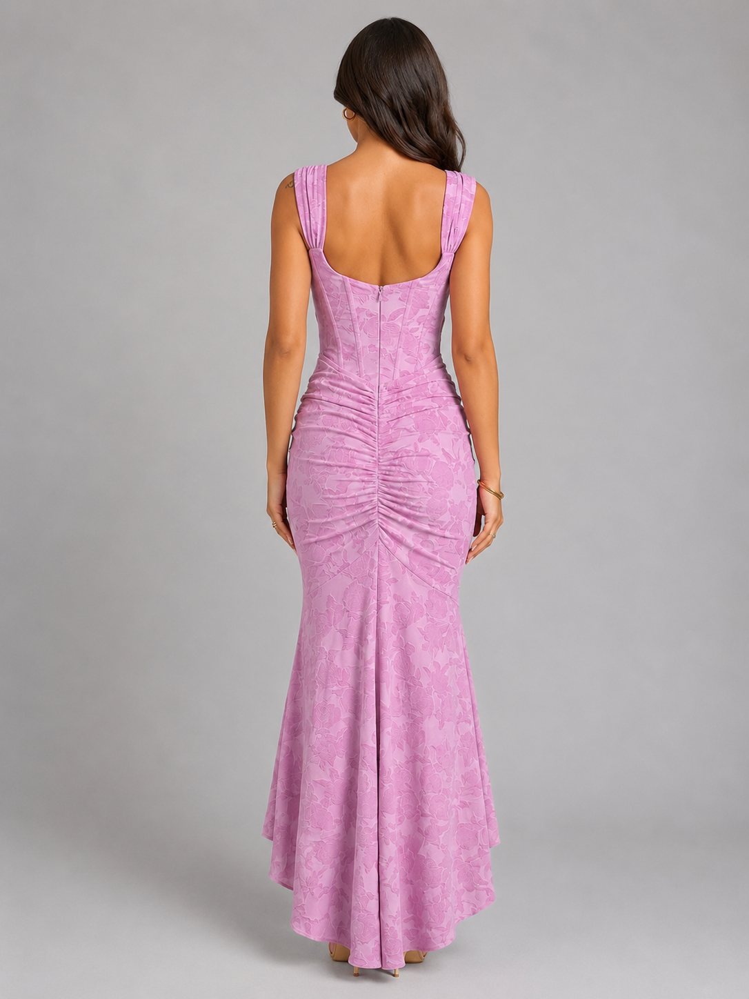 Women’s Floral Corset Maxi Dress with Asymmetrical Hem – Sculpted Silhouette