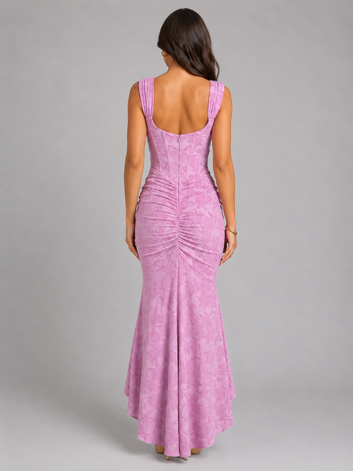 Women’s Floral Corset Maxi Dress with Asymmetrical Hem – Sculpted Silhouette