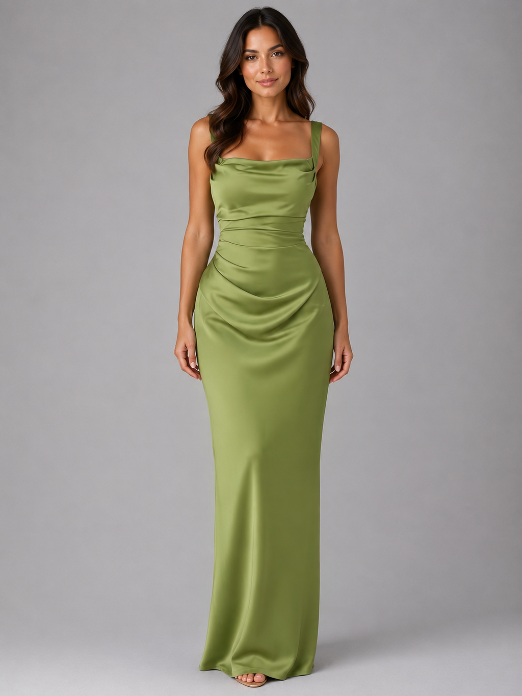 Women’s Satin Feel Ruched Waist Maxi Dress – Sculpted Fit